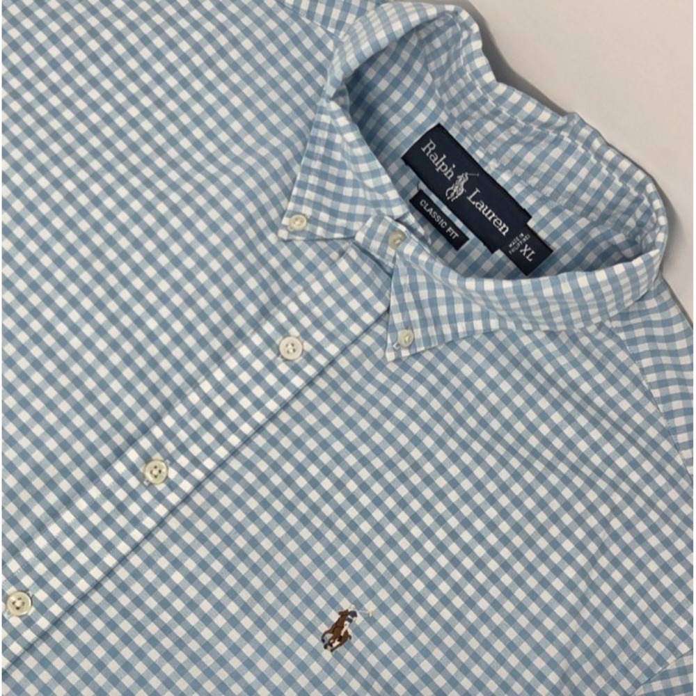 VINTAGE Polo Ralph Lauren Gingham Shirt Baby Blue Mens XL Flesh Pony Button Down
